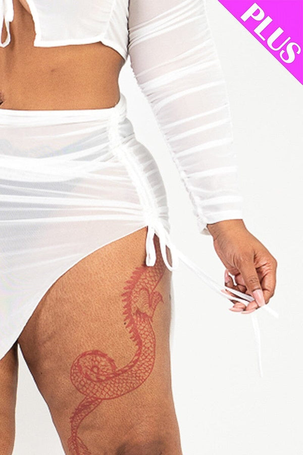 Plus Size White Sexy Sheer Mesh Drawstring Ruched Elastic Waist Tassel –  JeHouze.US