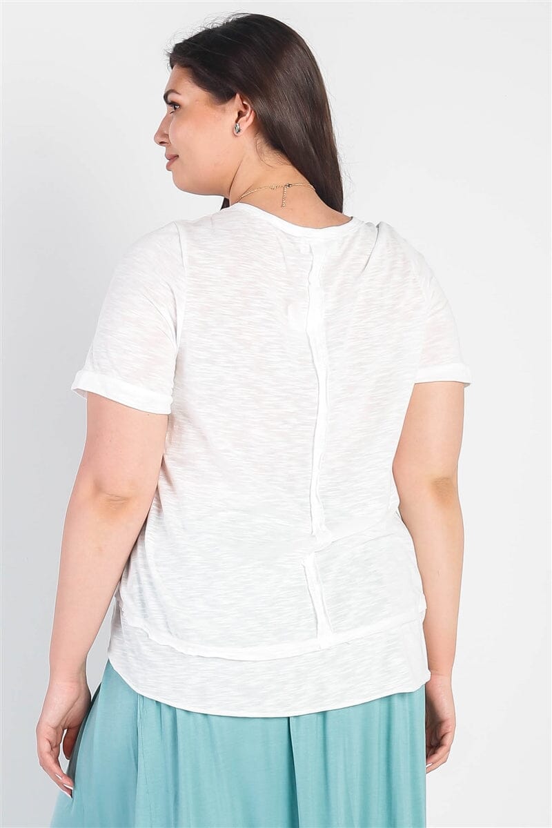 Plus Size White Trim Detail Round Neck Short Sleeve Top Shirts & Tops jehouze 