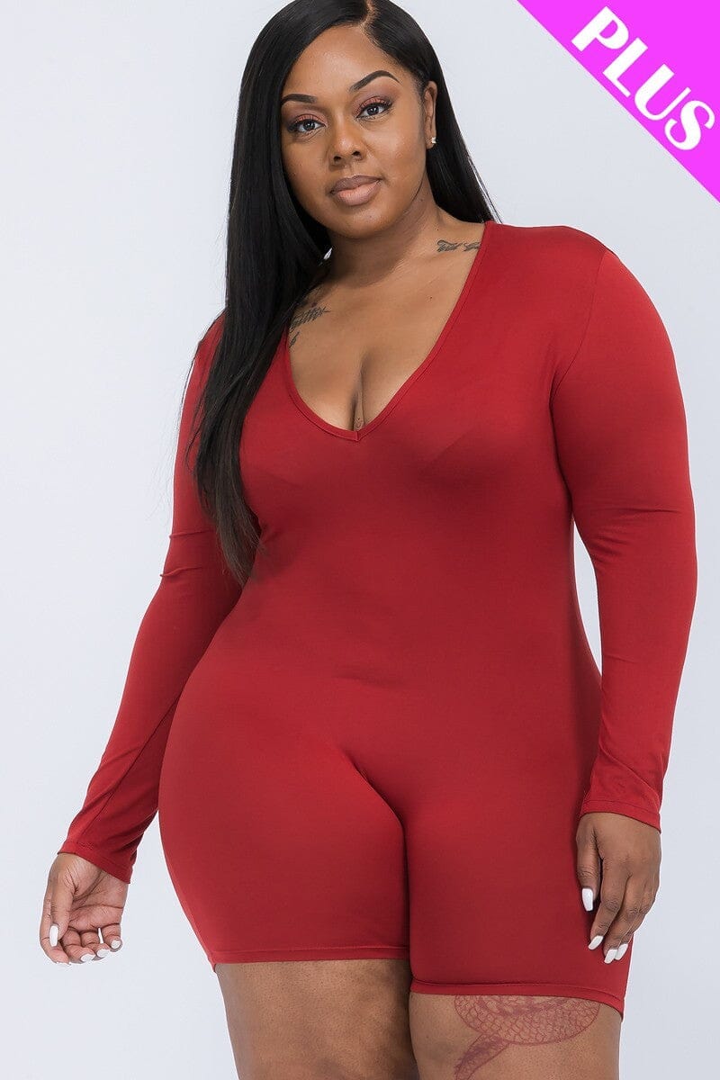 Plus Size Winery Red V neck Long Sleeve one piece Bodycon Romper Jumpsuits & Rompers jehouze 