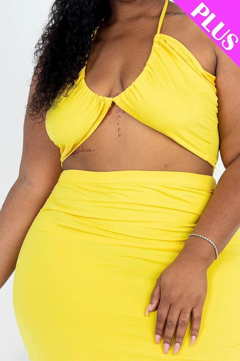 Plus Size yellow 2 pcs Sexy Solid Crisscross Halter Top & Ruched Mini Skirt Set jehouze 