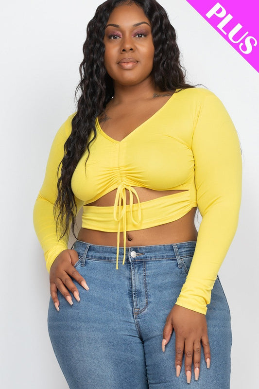 Plus Size Yellow Drawstring Ruched Cutout V Neck Long Sleeve Crop Top Shirts & Tops jehouze 