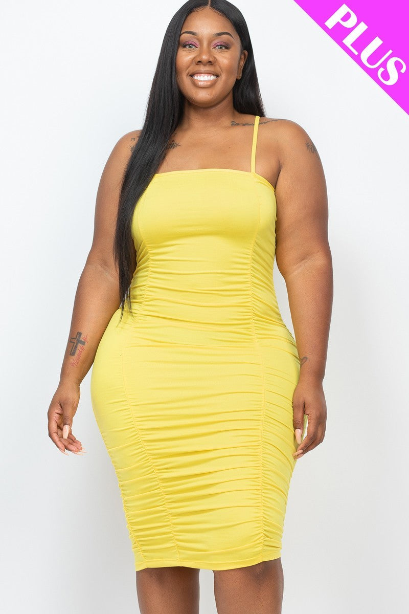 Plus Size Yellow Spaghetti Strap Double Ruched Front And Back Mini Bodycon Dress Dresses jehouze 