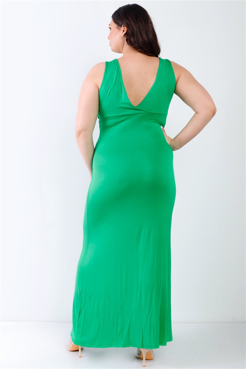 Plus V neck Sleeveless Loose Plain Long Maxi Casual Green Dress Dresses jehouze 