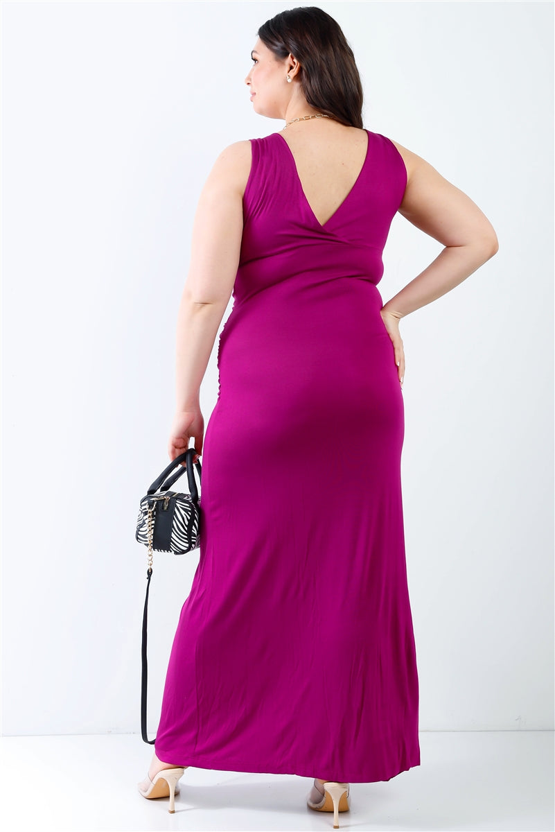 Plus V neck Sleeveless Loose Plain Long Maxi Casual Purple Dress Dresses jehouze 