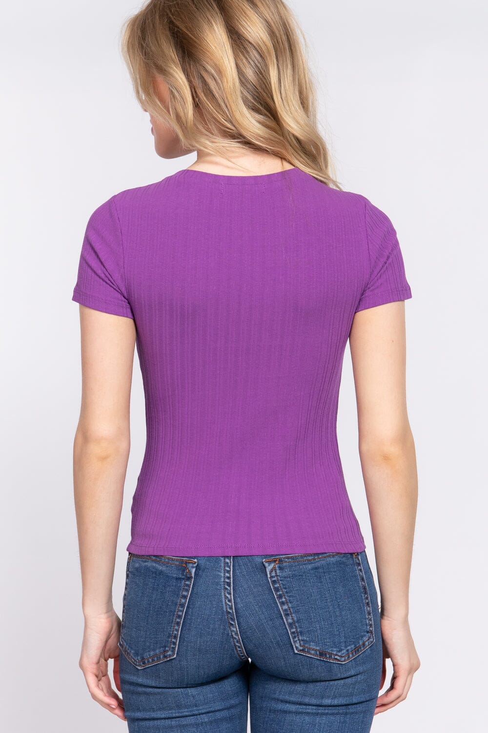 Purple Basic Casual Short Sleeve Crew Neck Variegated Rib Knit Top Shirts & Tops jehouze 