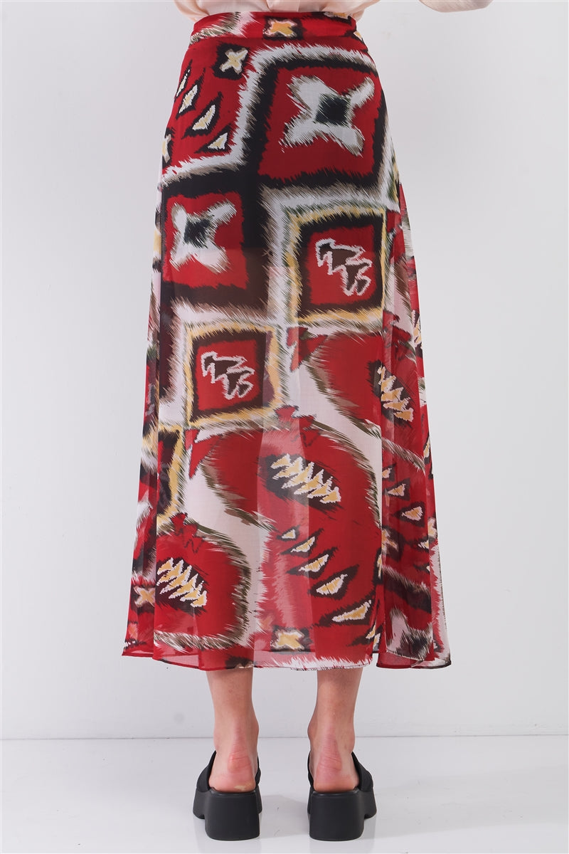 Red & Multi Vintage Graphic Print High-waisted Two Front Slits Maxi Skirt Skirts jehouze 