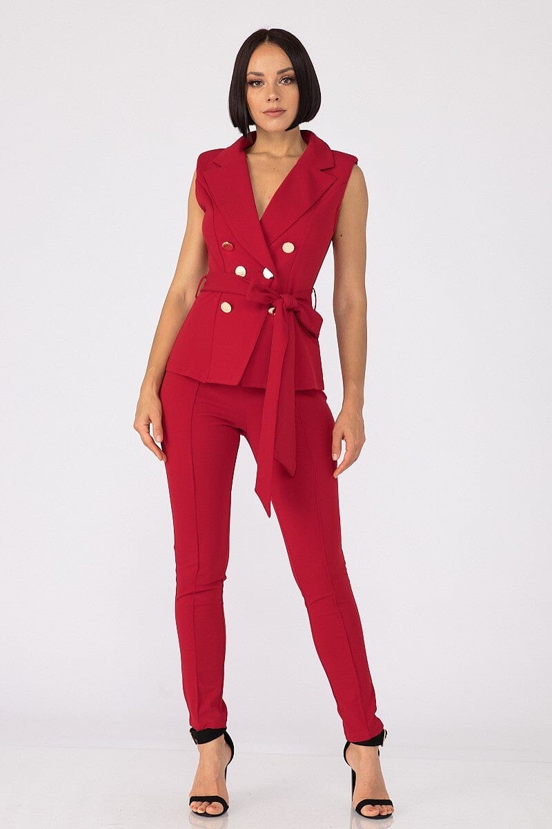 Red Sleeveless Vest Blazer Tie Belt and skinny pant outfit sets Business suit jehouze 