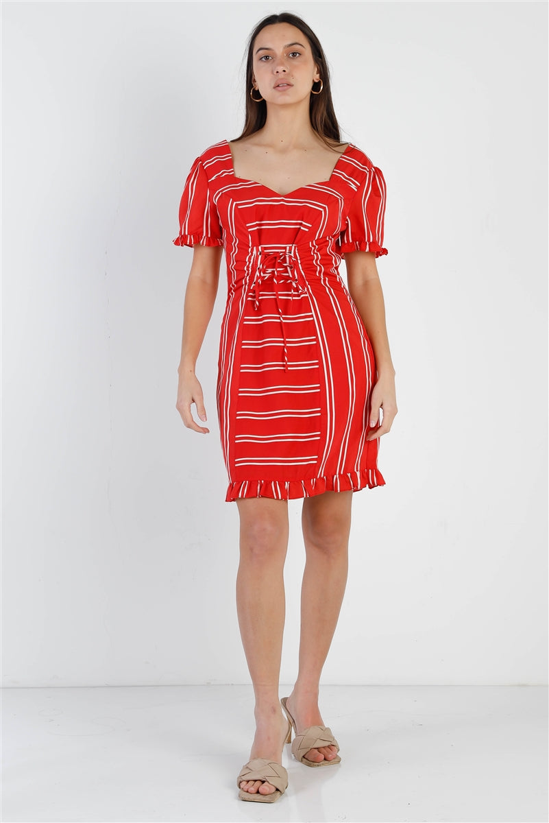 Red Stripe Lace Up Front Detail Ruffle Trim Balloon Sleeve Dress Dresses jehouze 