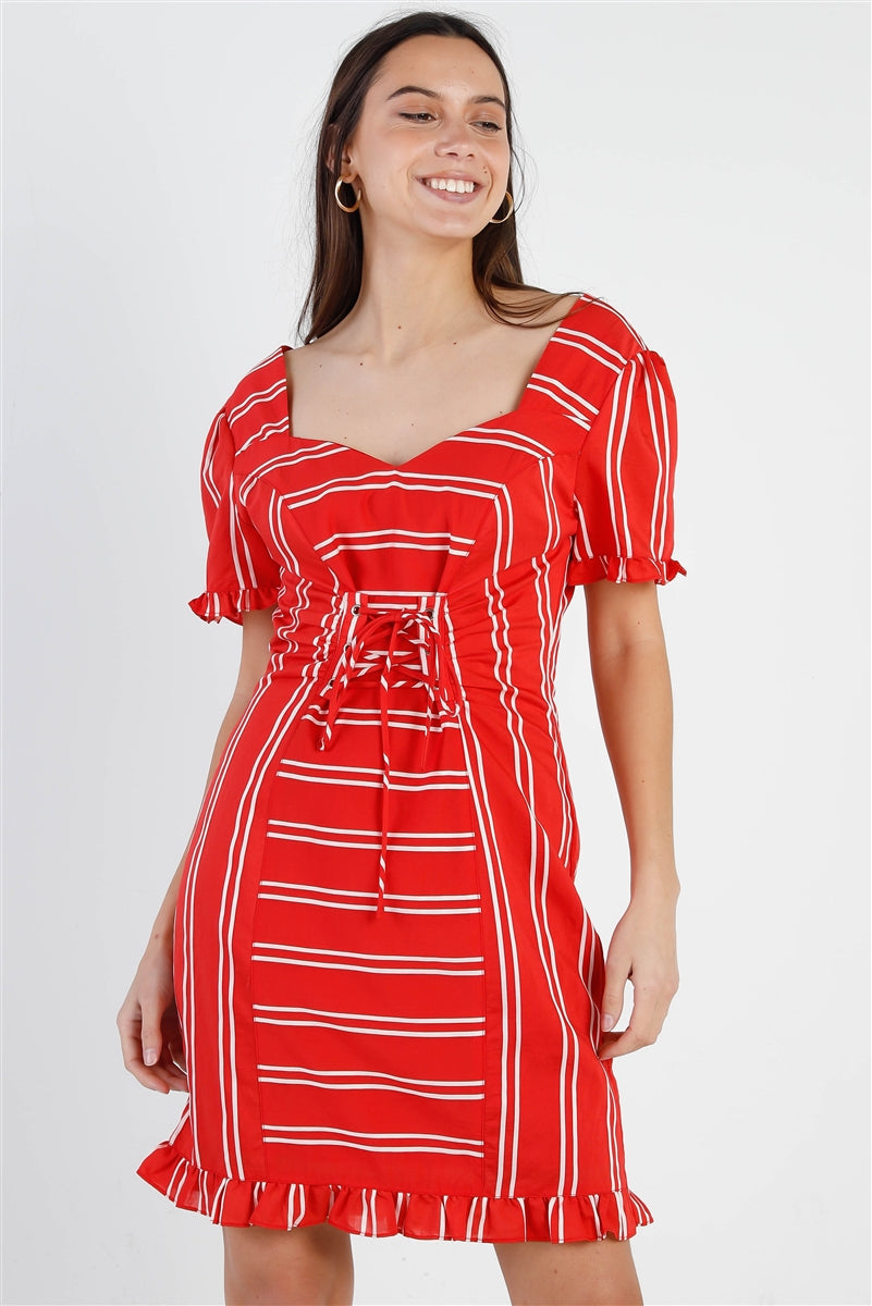Red Stripe Lace Up Front Detail Ruffle Trim Balloon Sleeve Dress Dresses jehouze 