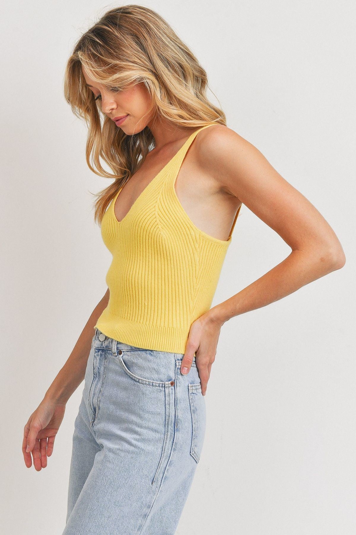 Rib Knit Sleeveless Yellow Top Shirts & Tops jehouze 