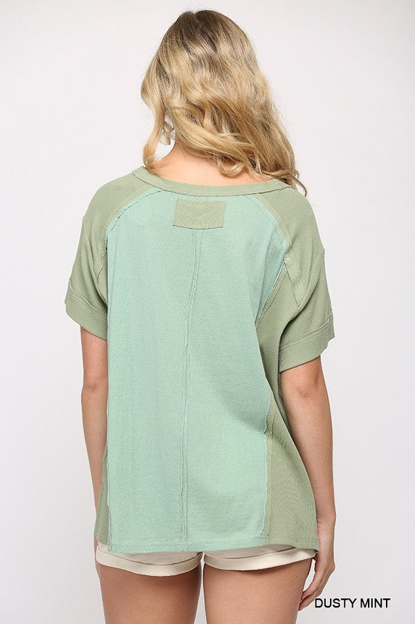 Ribbed And Solid Mixed Raw Edge Green Top Shirts & Tops jehouze 