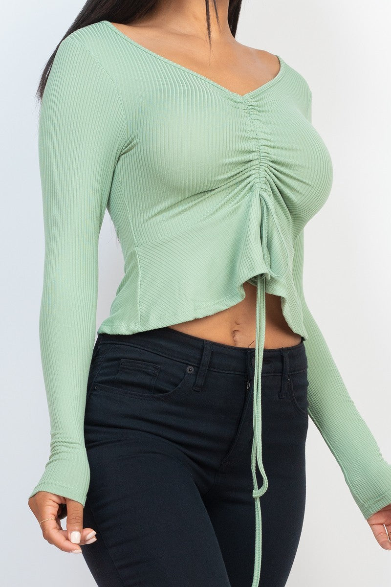 Ribbed Drawstring Green Front Long Sleeve Peplum Top Shirts & Tops jehouze 