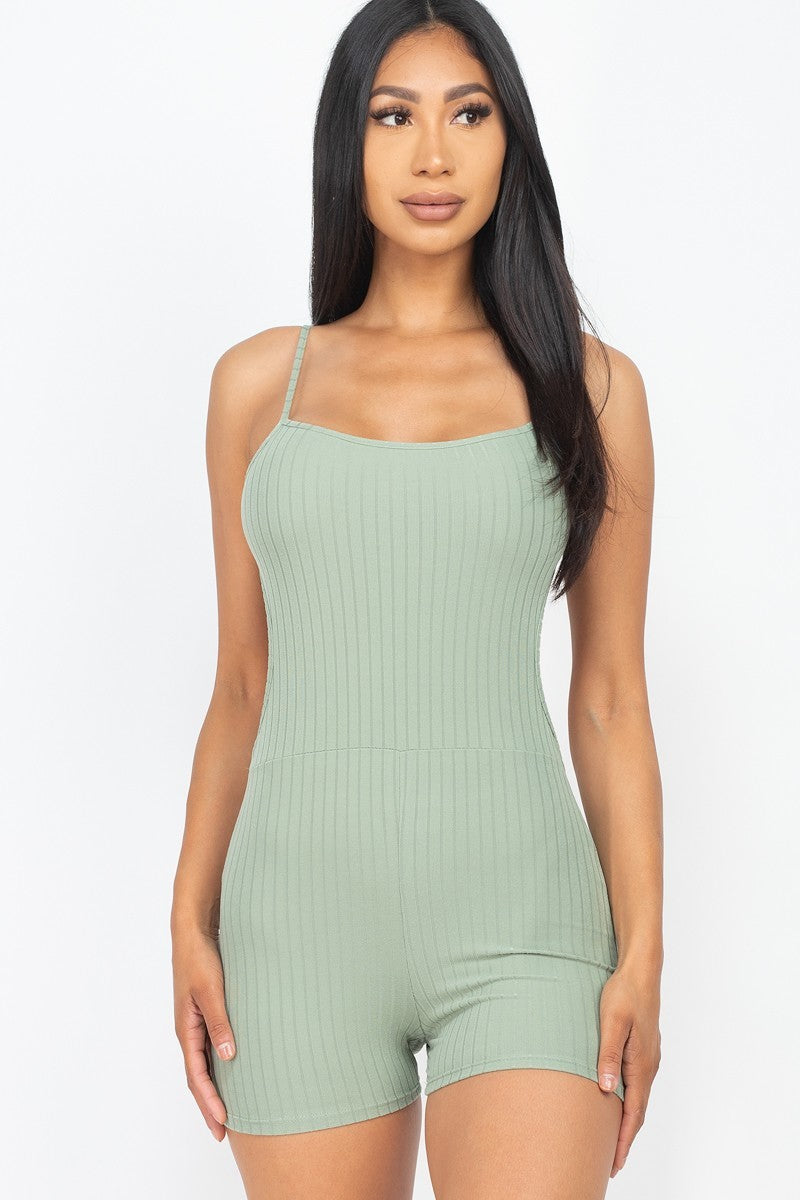 Ribbed Spaghetti Strap Back Cutout Bodycon Active Green Bay Romper Jumpsuits & Rompers jehouze 