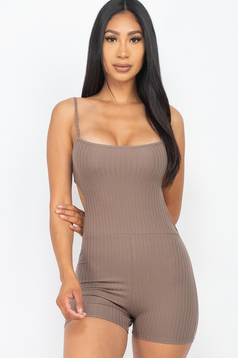Ribbed Spaghetti Strap Back Cutout Bodycon Active Taupe Romper Jumpsuits & Rompers jehouze 