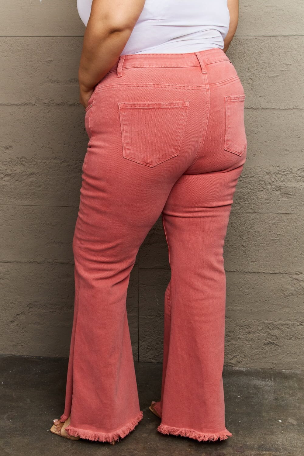 RISEN Coral Orange Pink High Waist Side Slit Raw Hem Flare Jeans jeans jehouze 