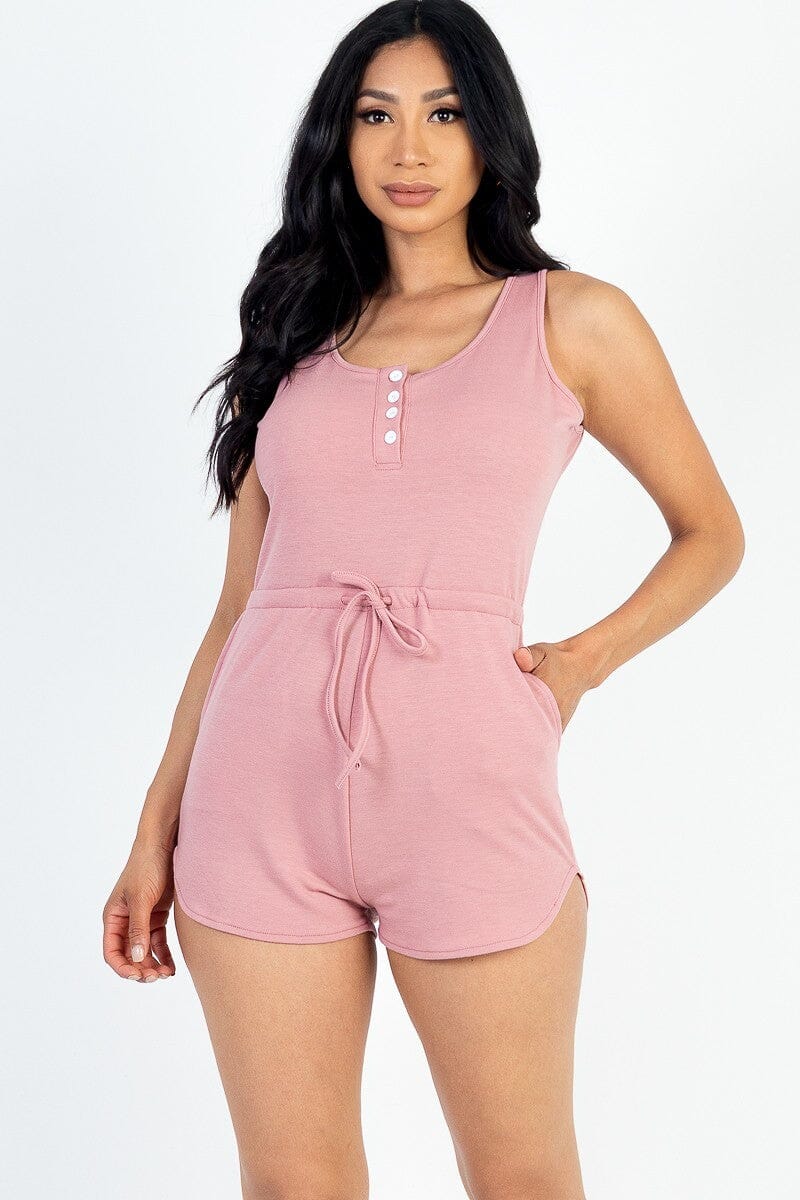 Rosewood Pink Sleeveless Drawstring Waist Button Tank Romper Jumpsuits & Rompers jehouze 