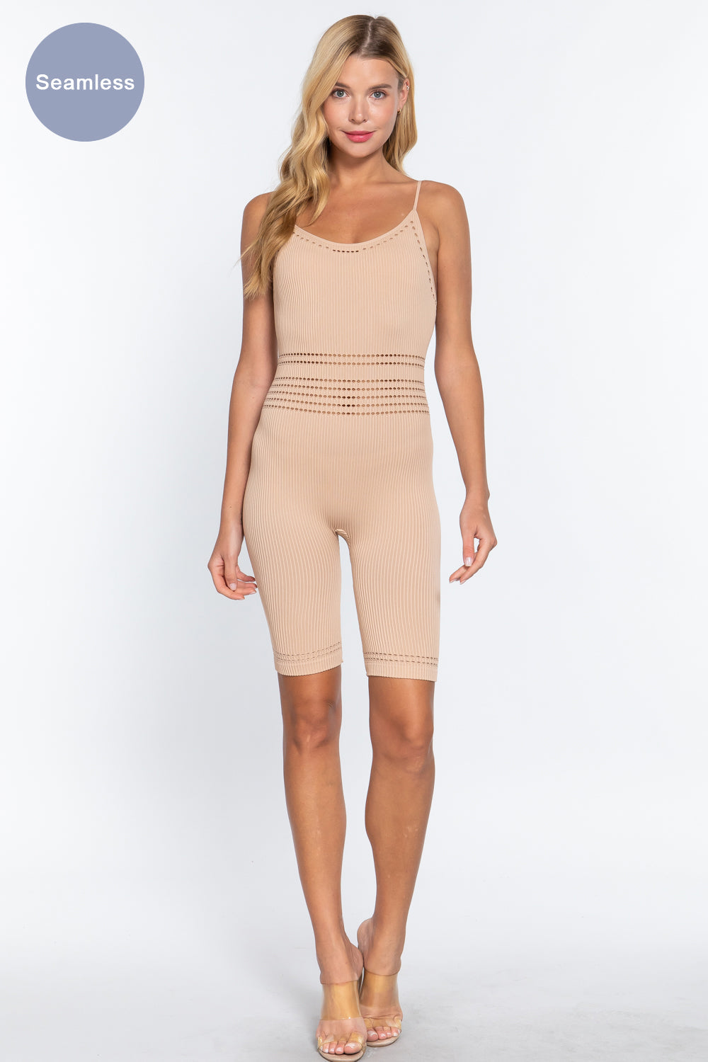 Round Neck Pointelle Detail Seamless Rib Bodycon Pink Beige Romper Jumpsuits & Rompers jehouze 