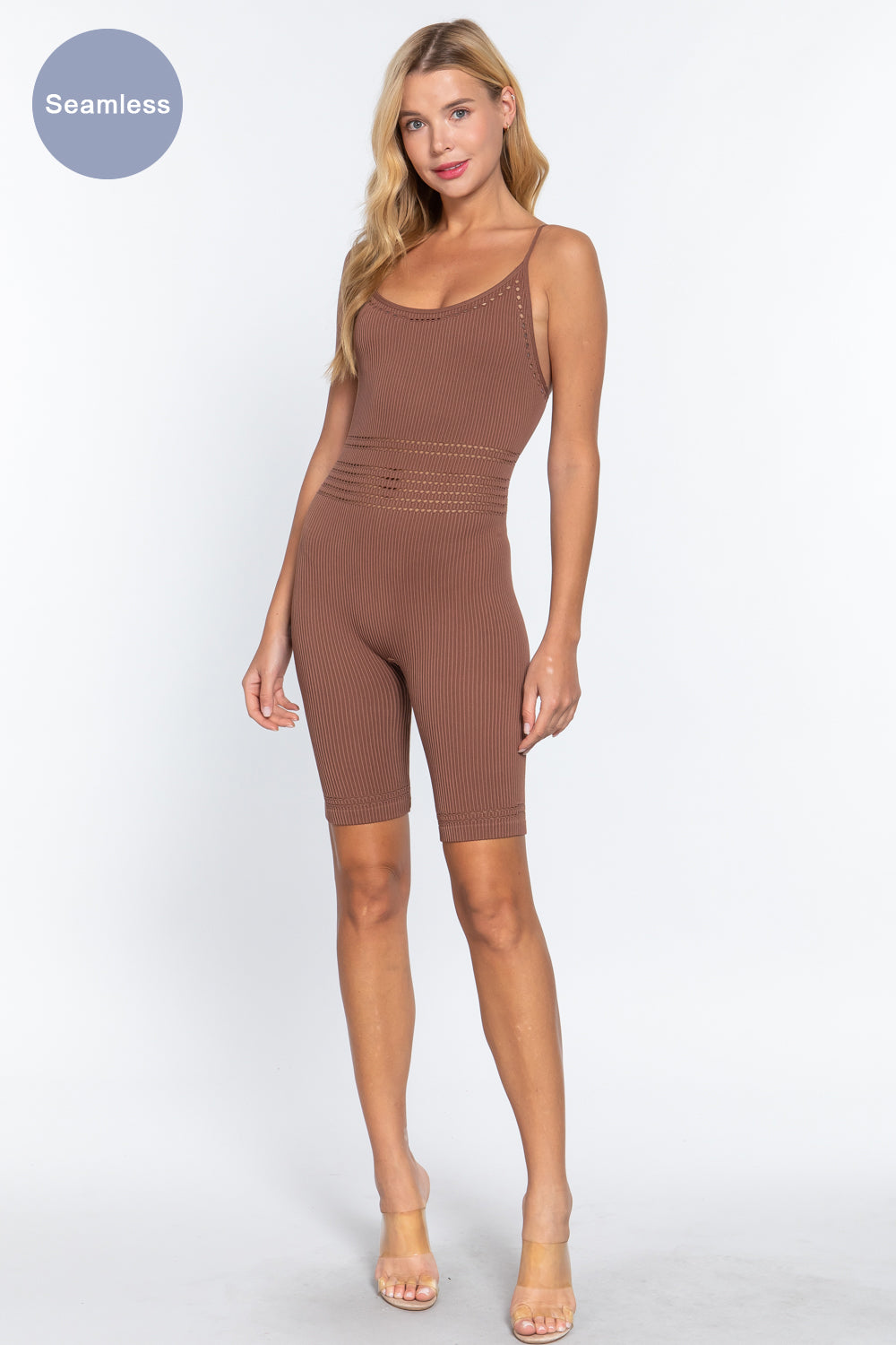 Round Neck Pointelle Detail Seamless Rib Bodycon truffle Brown Romper Jumpsuits & Rompers jehouze 