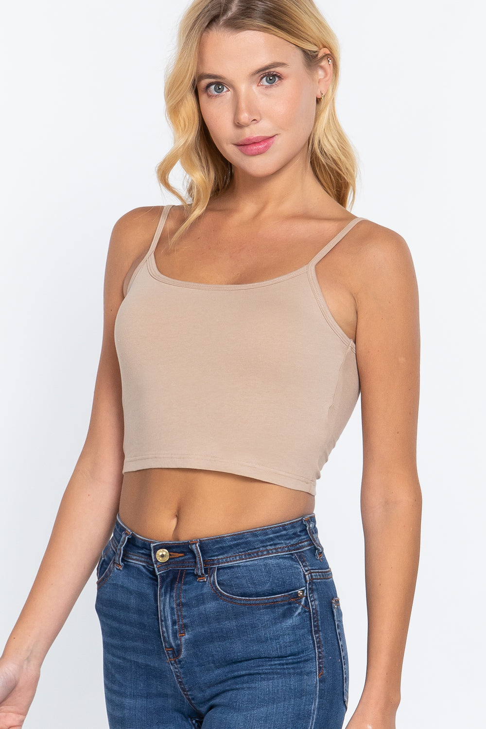 Round Neck W/removable Bra Cup Cotton Spandex Bra Taupe Top Shirts & Tops jehouze 