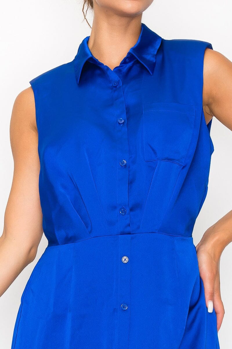 Royal Blue Button down Collared Solid Pleated Shirt Dress Dresses jehouze 