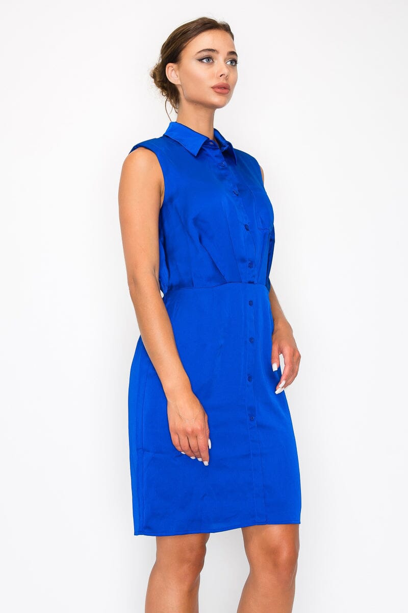 Royal Blue Button down Collared Solid Pleated Shirt Dress Dresses jehouze 