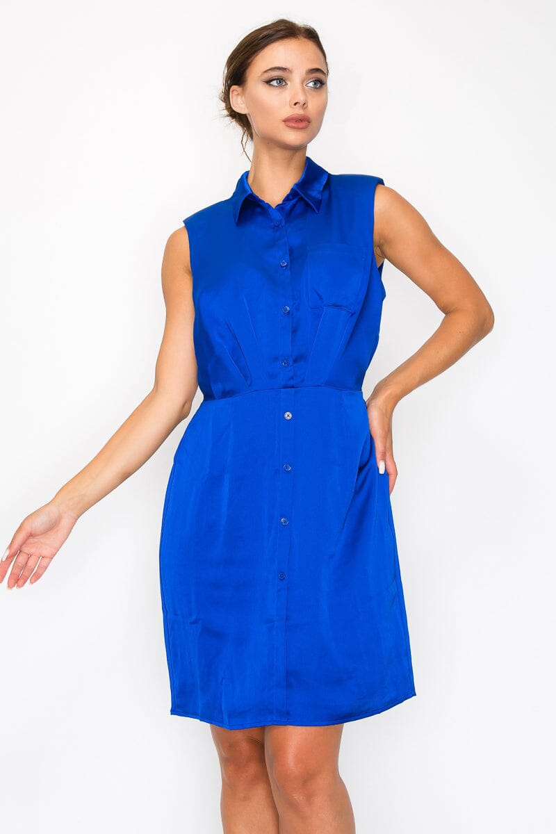Royal Blue Button down Collared Solid Pleated Shirt Dress Dresses jehouze S 