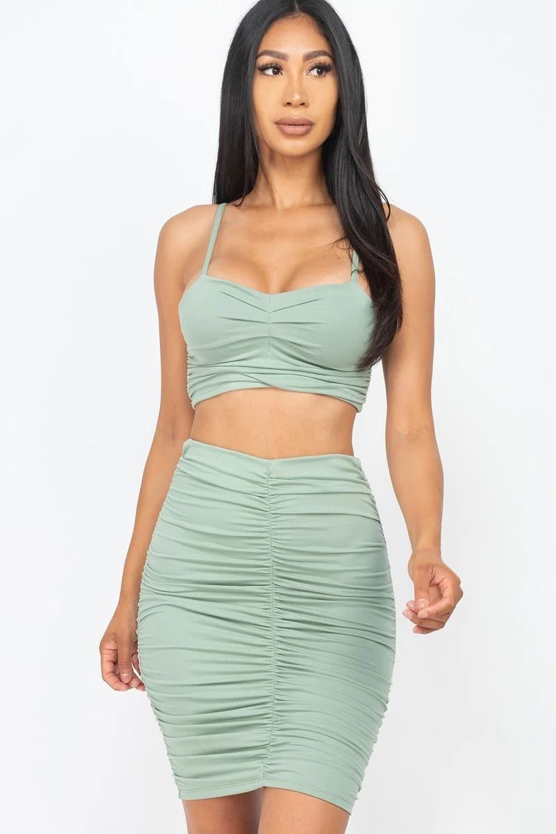 Ruched Green Bay Bodycon Crop Top And Skirt Sets Matching Sets jehouze 