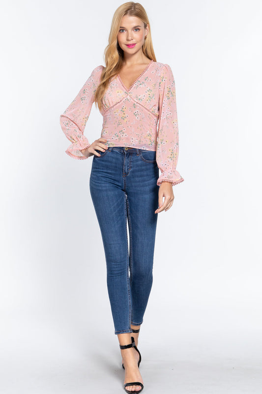 Ruffle Slv Floral Print Chiffon Top Shirts & Tops jehouze 