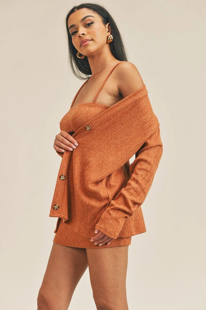Rust Brown 3 Piece Tube Top Mini Skirt with Cardigan Sets Matching Sets jehouze 