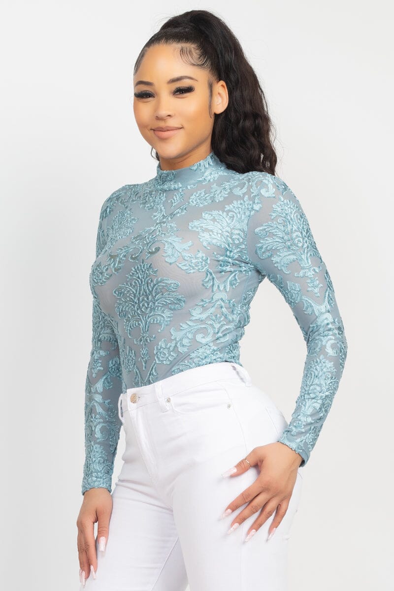 Sage Blue Velvet embroidered Mock Neck Long Sleeves keyhole Bodysuit bodysuit1 jehouze 