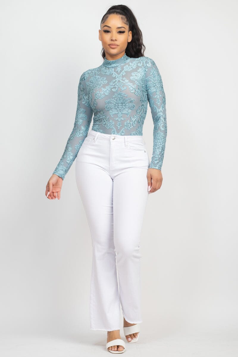 Sage Blue Velvet embroidered Mock Neck Long Sleeves keyhole Bodysuit bodysuit1 jehouze 