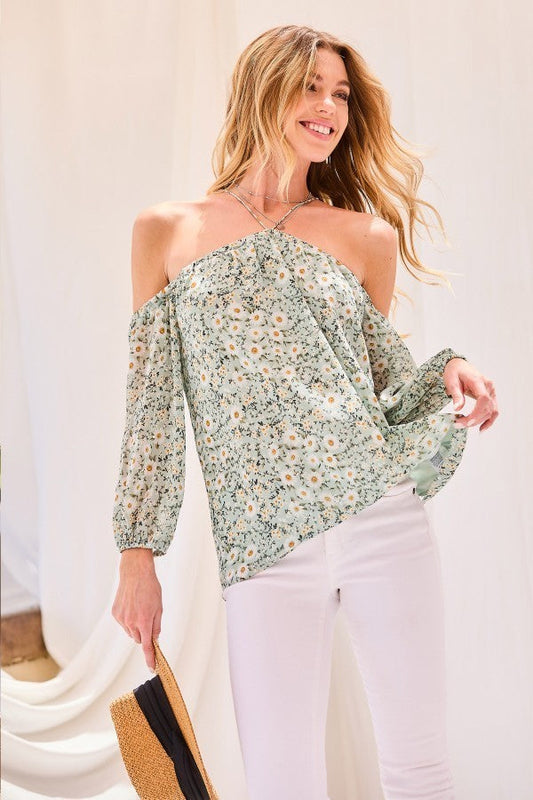 Sea Foam Blue Strap Halter Neck Long Puff Sleeve Floral Top Shirts & Tops jehouze 