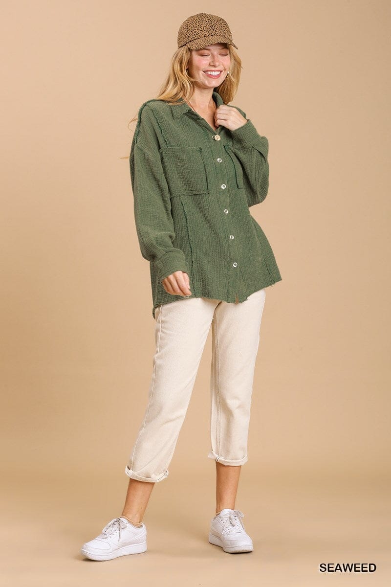 Seaweed Green Mineral wash button down top with high low hem jehouze 