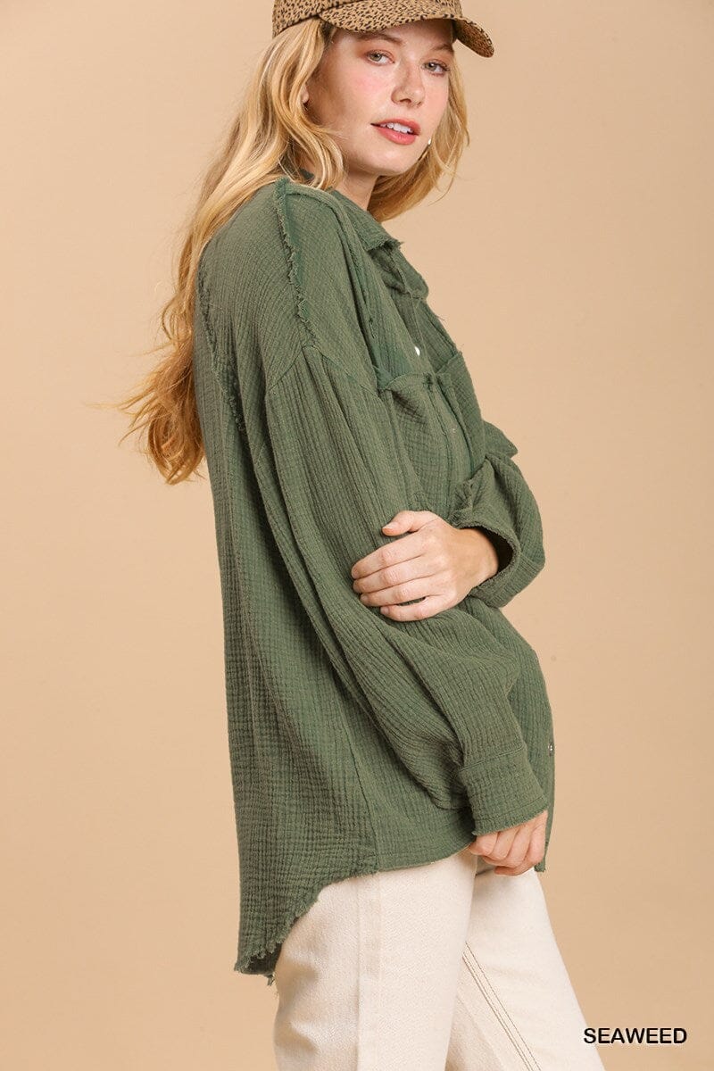 Seaweed Green Mineral wash button down top with high low hem jehouze 