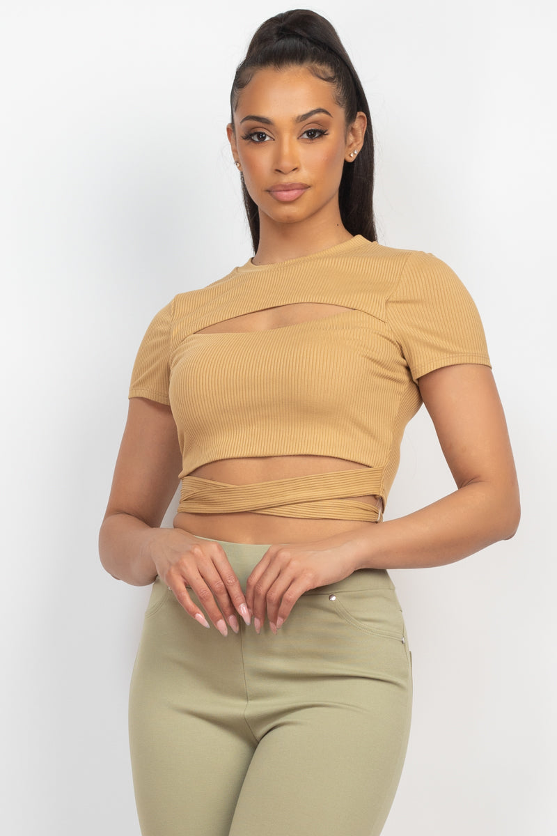 Self-tie Ribbon Front Cutout Crop Pale Gold Top Shirts & Tops jehouze 