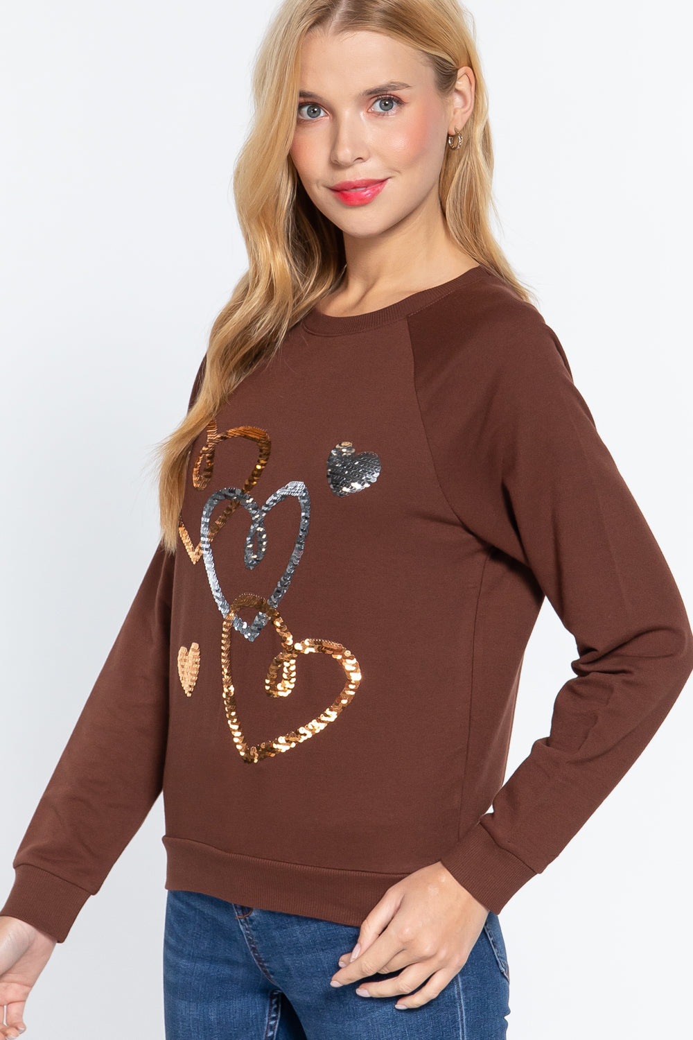 Sepia Brown Sequins French Terry Crewneck Sweatshirt Pullover Top Shirts & Tops jehouze 