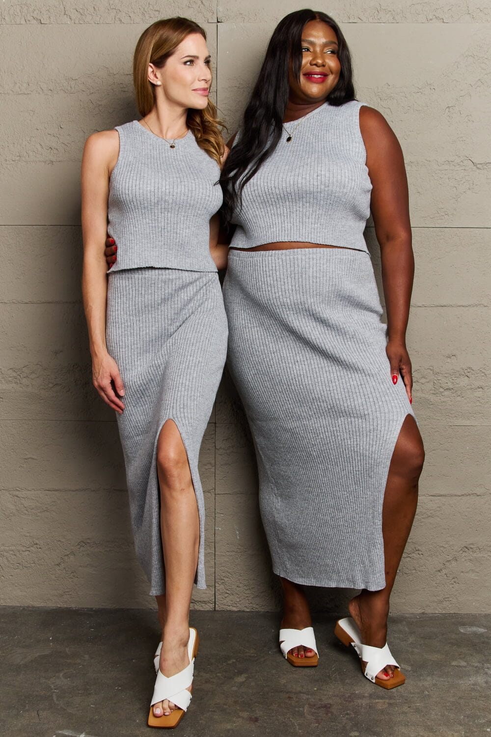 Sew In Love Charcoal Grey 2 pcs Round Neck Sleeveless Crop top and Fitted Skirt Set Outfit Sets jehouze 
