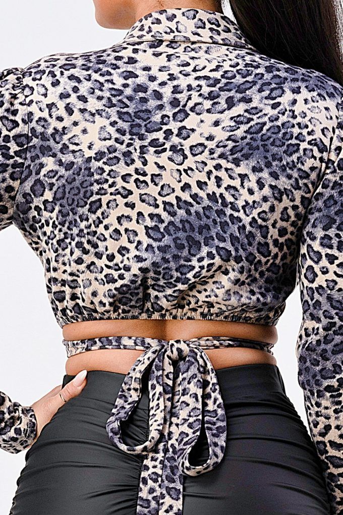 Sexy Animal Print Collared Back-tie Wrap Top Shirts & Tops jehouze 