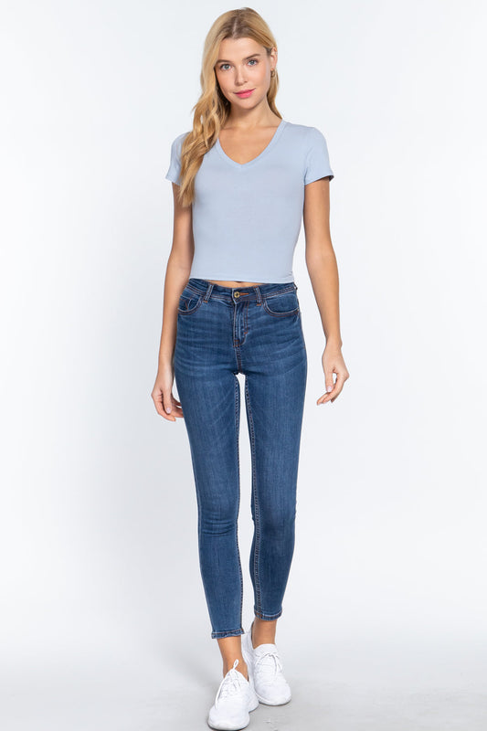 Short Sleeve V-neck Crop Blue Top Shirts & Tops jehouze 