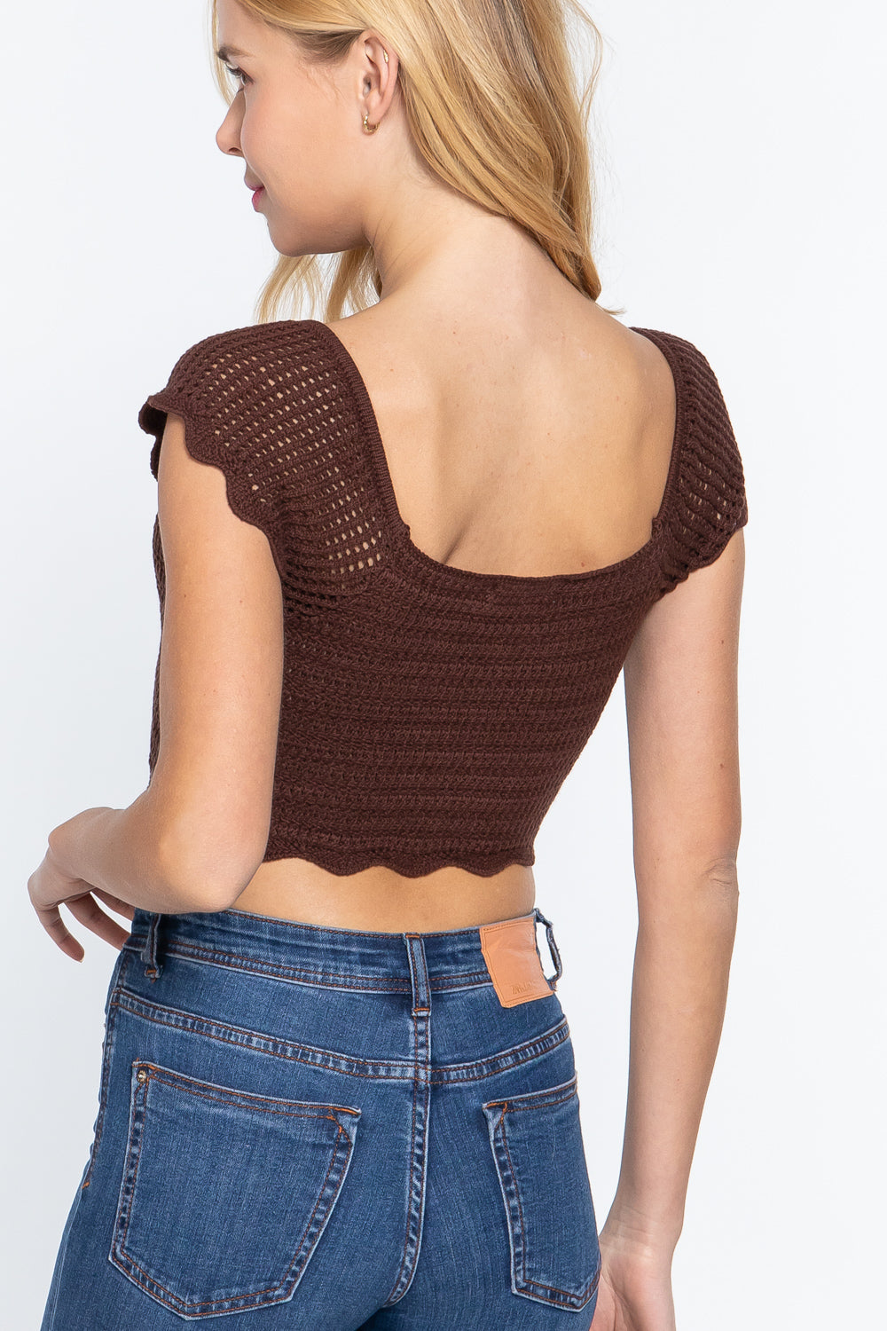 Short Sleeve V-neck Front Knot Detail Sweater Knit Brown Crop Top Shirts & Tops jehouze 