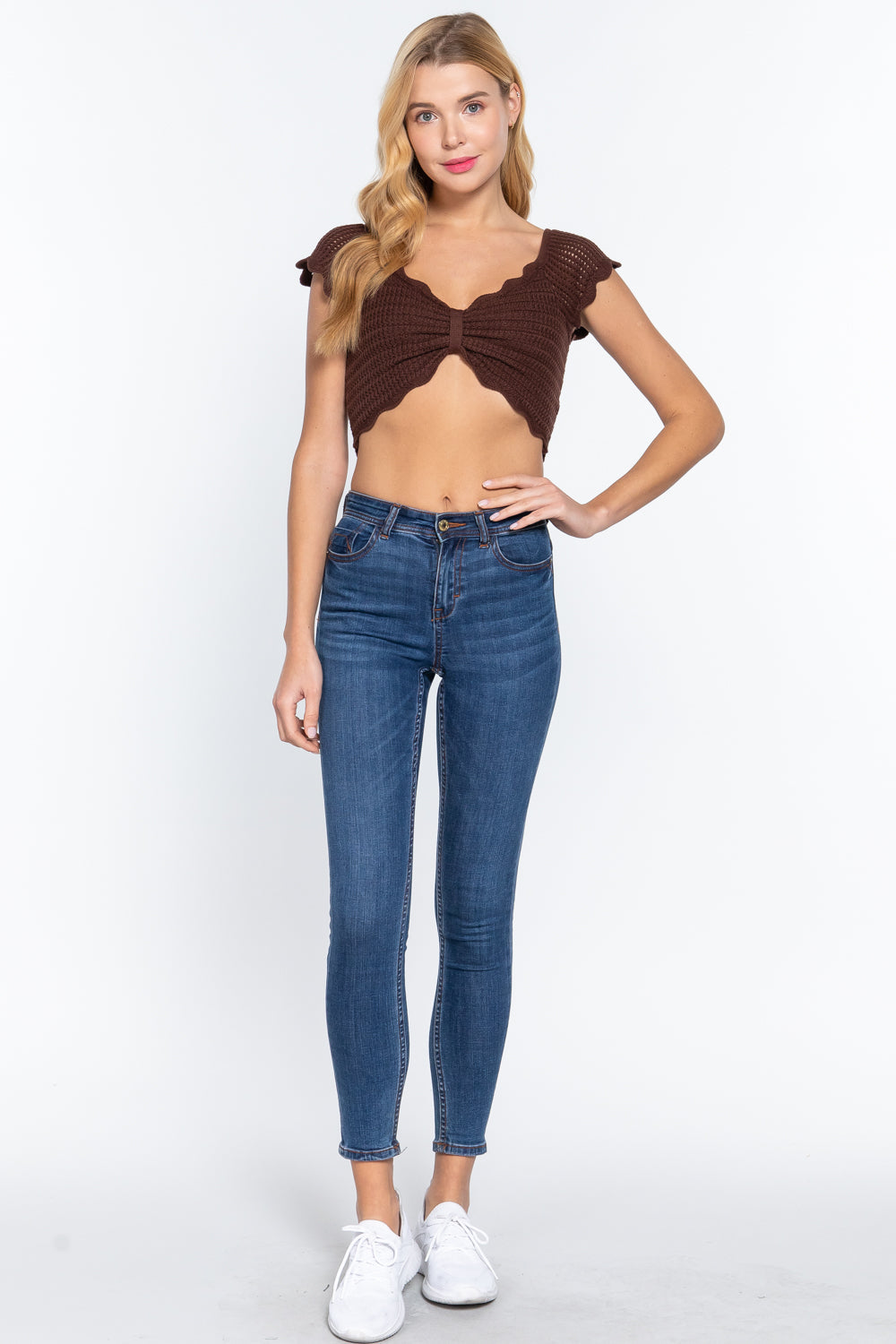 Short Sleeve V-neck Front Knot Detail Sweater Knit Brown Crop Top Shirts & Tops jehouze 