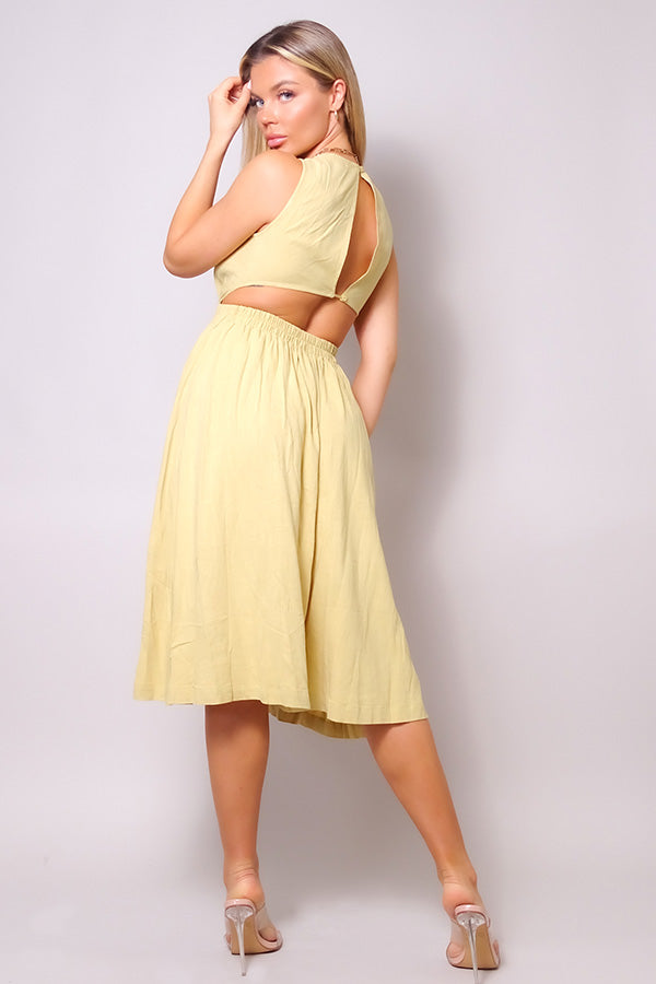 Sleeveless Back Cutout Linen Midi Yellow Dress Dresses jehouze 