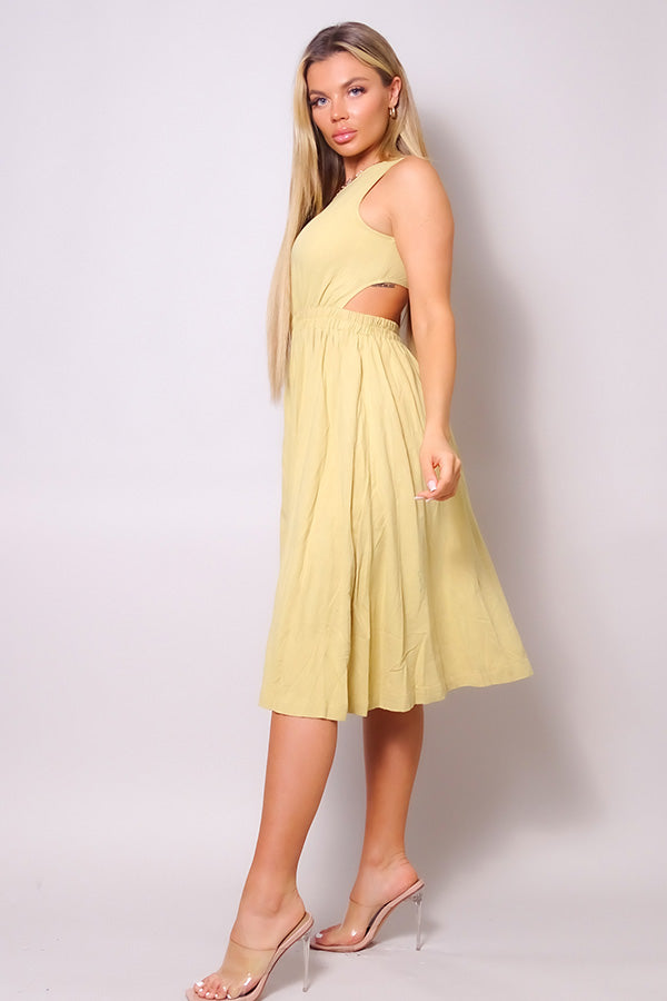 Sleeveless Back Cutout Linen Midi Yellow Dress Dresses jehouze 