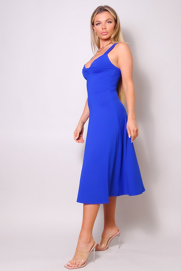 Sleeveless Twist Front A Line Midi Blue Dress Dresses jehouze 