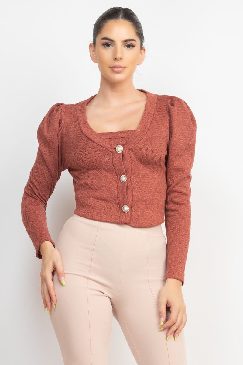 Smocky Mauve Brown Geometric Cami Puff Sleeves Button Front Blazer Top Set jehouze 
