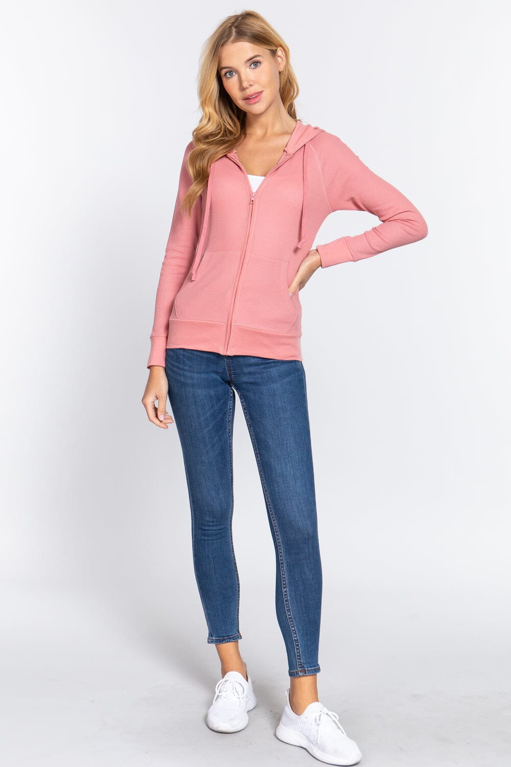 Soft Pink Thermal Long Sleeve Hoodie Zip Up Jacket jehouze 