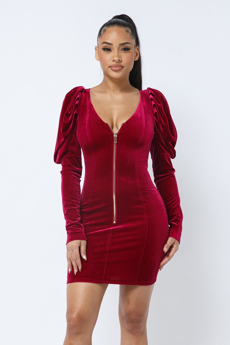 Soft Velvet Red Pleated Puff Sleeve Low V Neck Front And Back Mini Dress Dresses jehouze 