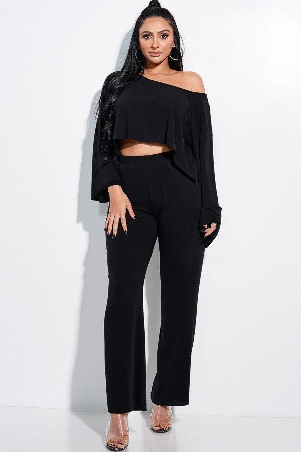 Solid French Terry Black Long Slouchy Long Sleeve Top And Pants With Pockets Two Piece Set Matching Sets jehouze 