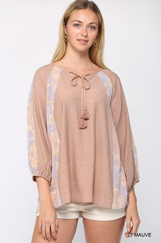 Solid Light Mauve Crinkle And Print Mix Raglan Sleeve Top With Tassel Tie Shirts & Tops jehouze 