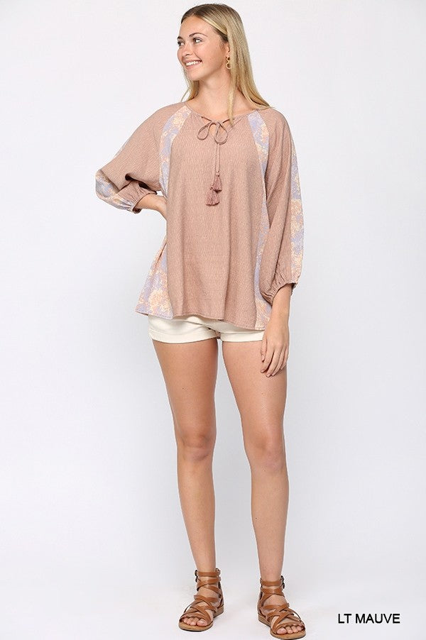 Solid Light Mauve Crinkle And Print Mix Raglan Sleeve Top With Tassel Tie Shirts & Tops jehouze 
